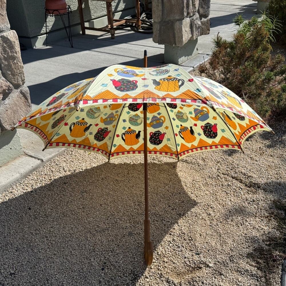 Vintage Mary Engelbreit Teapots Fabric Umbrella Parasol Wooden Handle 1993